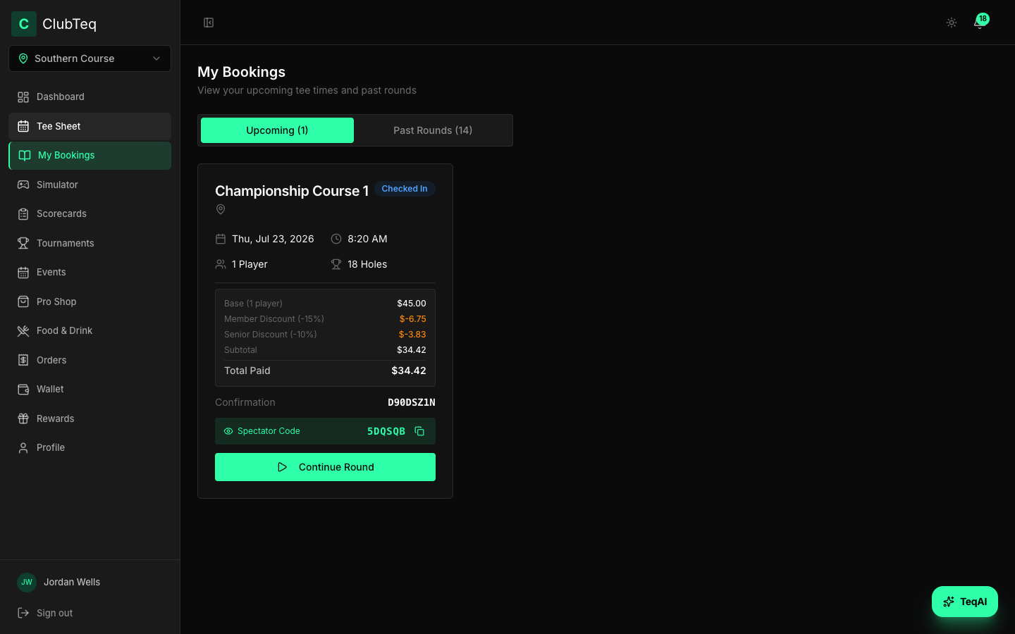 Golfer bookings screen with upcoming tee times