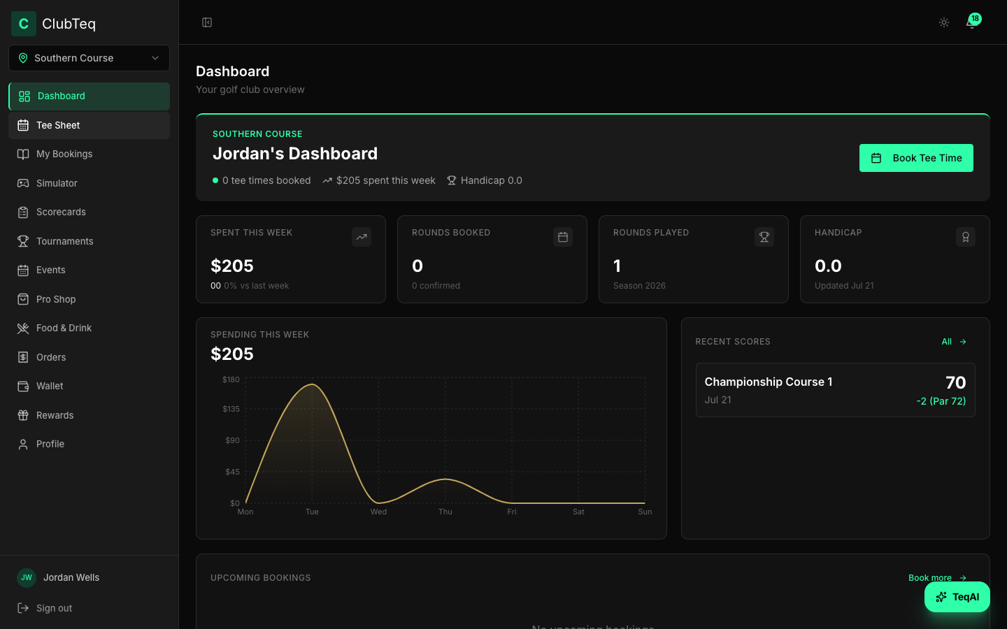 ClubTeq golfer app dashboard