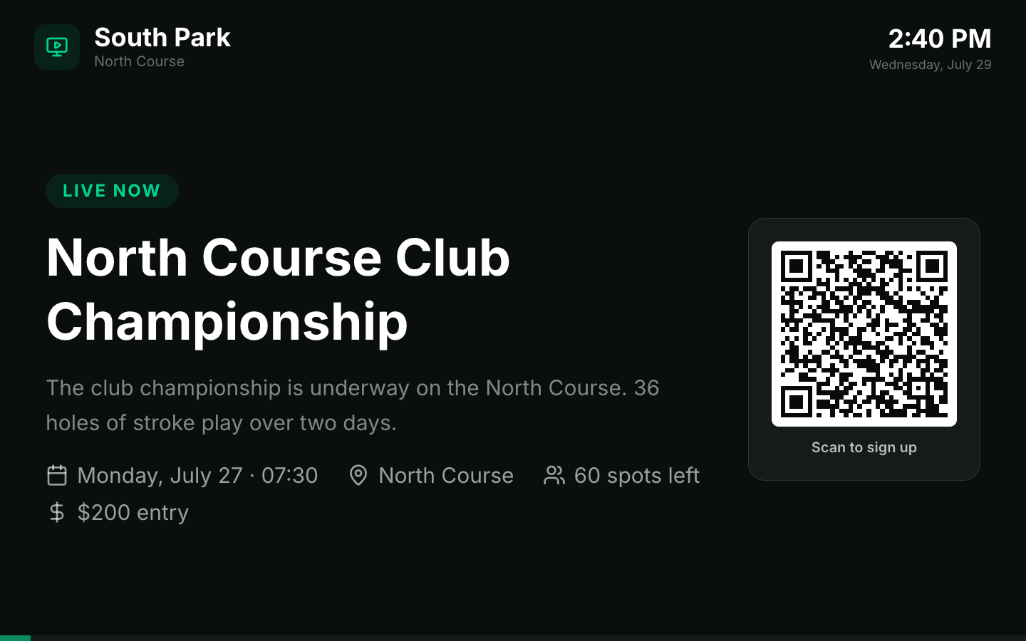 Tournament slide with scan-to-join QR code